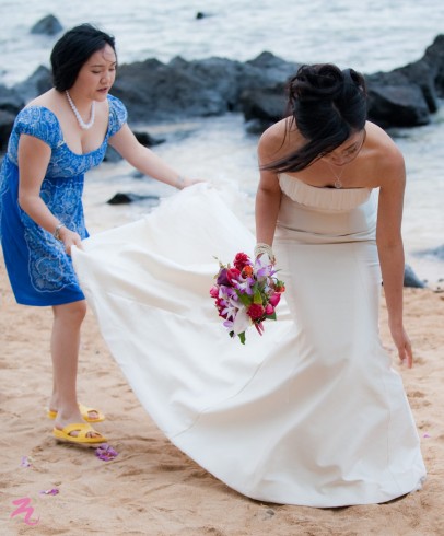 L-R: Mei, Bride. Red carpet treatment on  a secluded beach near Princeville, Kauai.