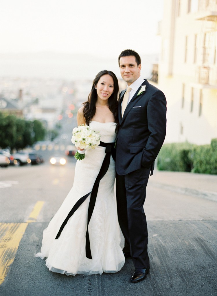 Long Loose Curls, Natural Asian Makeup, San Francisco Street Wedding Photo